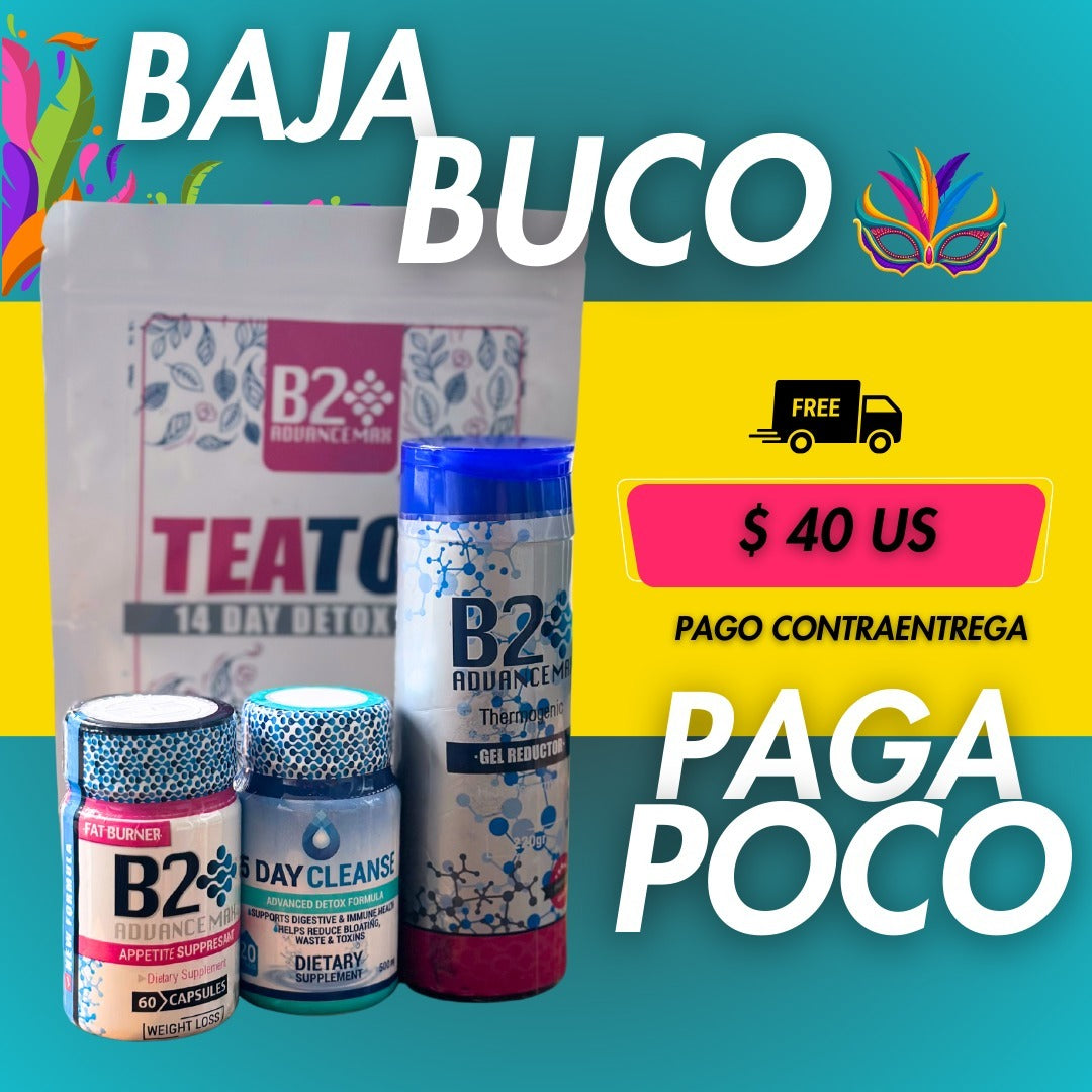 KIT FULL B2 + DETOX + TEATOX + GEL QUEMA GRASA, LIMPIA ORGANISMO, DESINTOXICA EL CUERPO Y GEL REDUCTOR